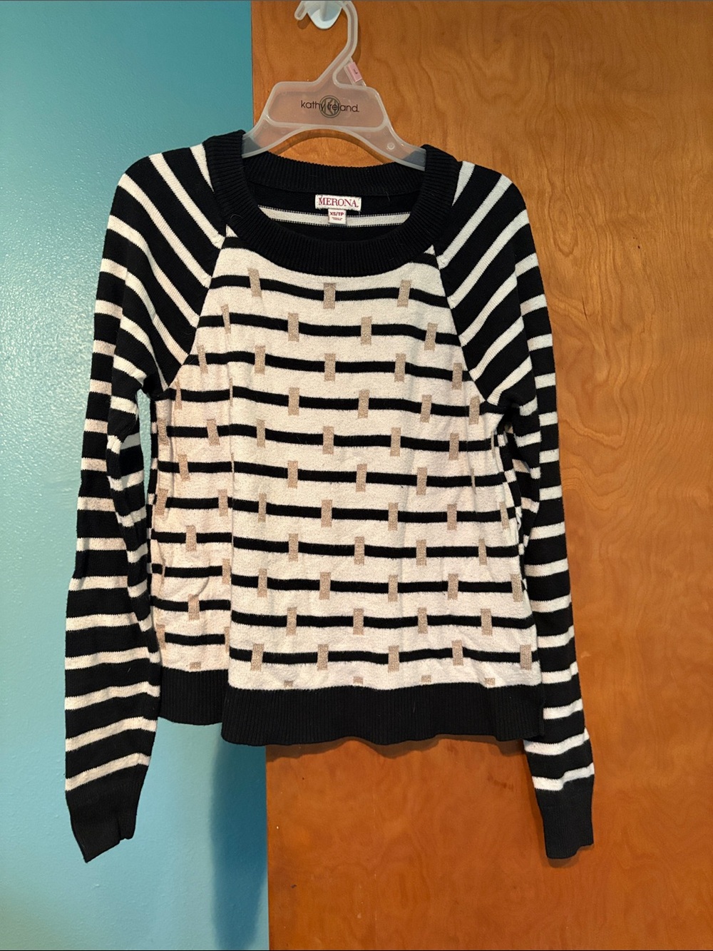 Merona Black, White and Tan Patterned Crew Neck Sweater